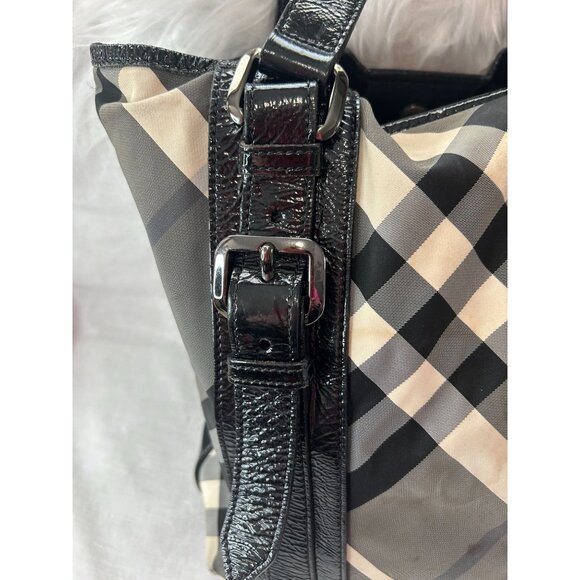 Burberry Lowry Neat Nova Check Nylon & Patent Leather Tote Bag, Black Straps & B - Picture 15 of 16
